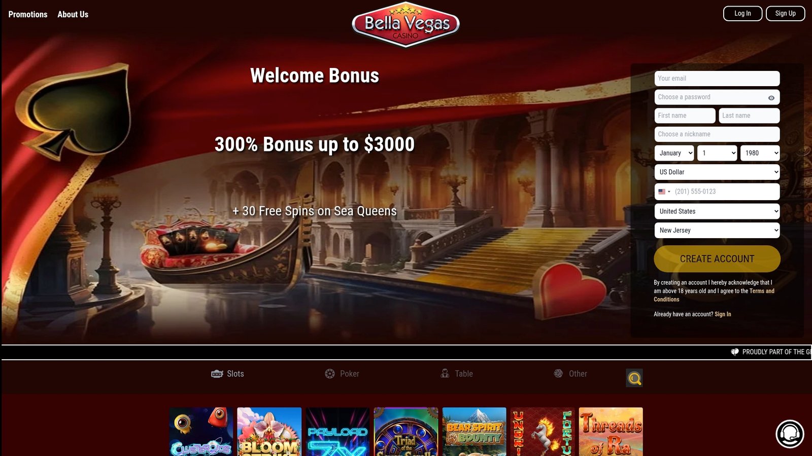 Official lobby screenshot of Bella Vegas Casino