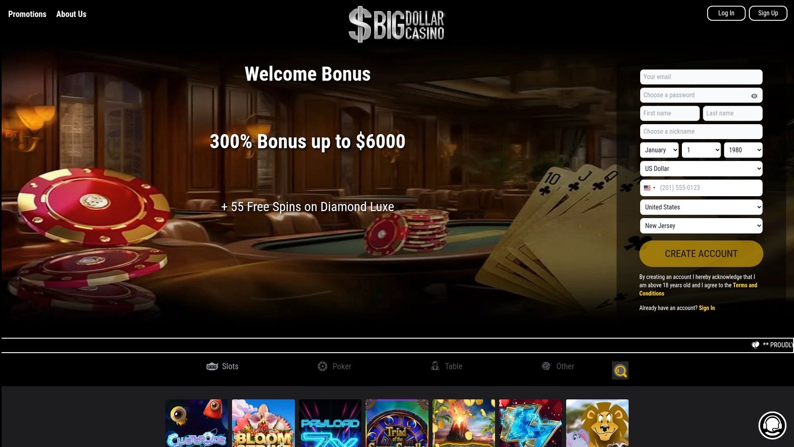 Official lobby screenshot of Big Dollar Casino