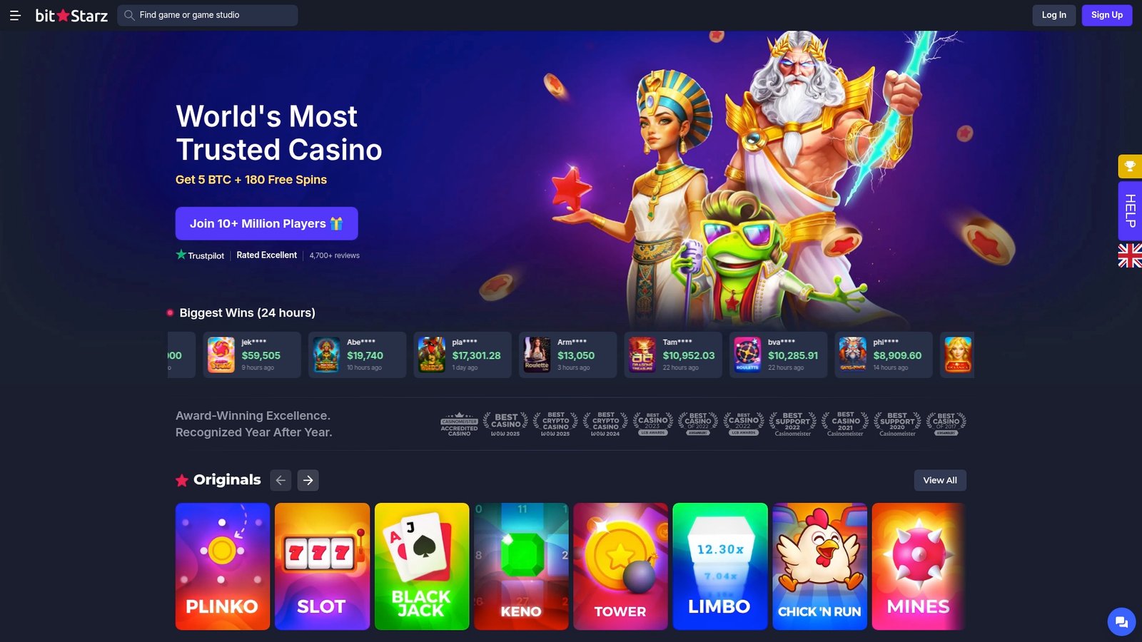 Official lobby screenshot of BitStarz Casino
