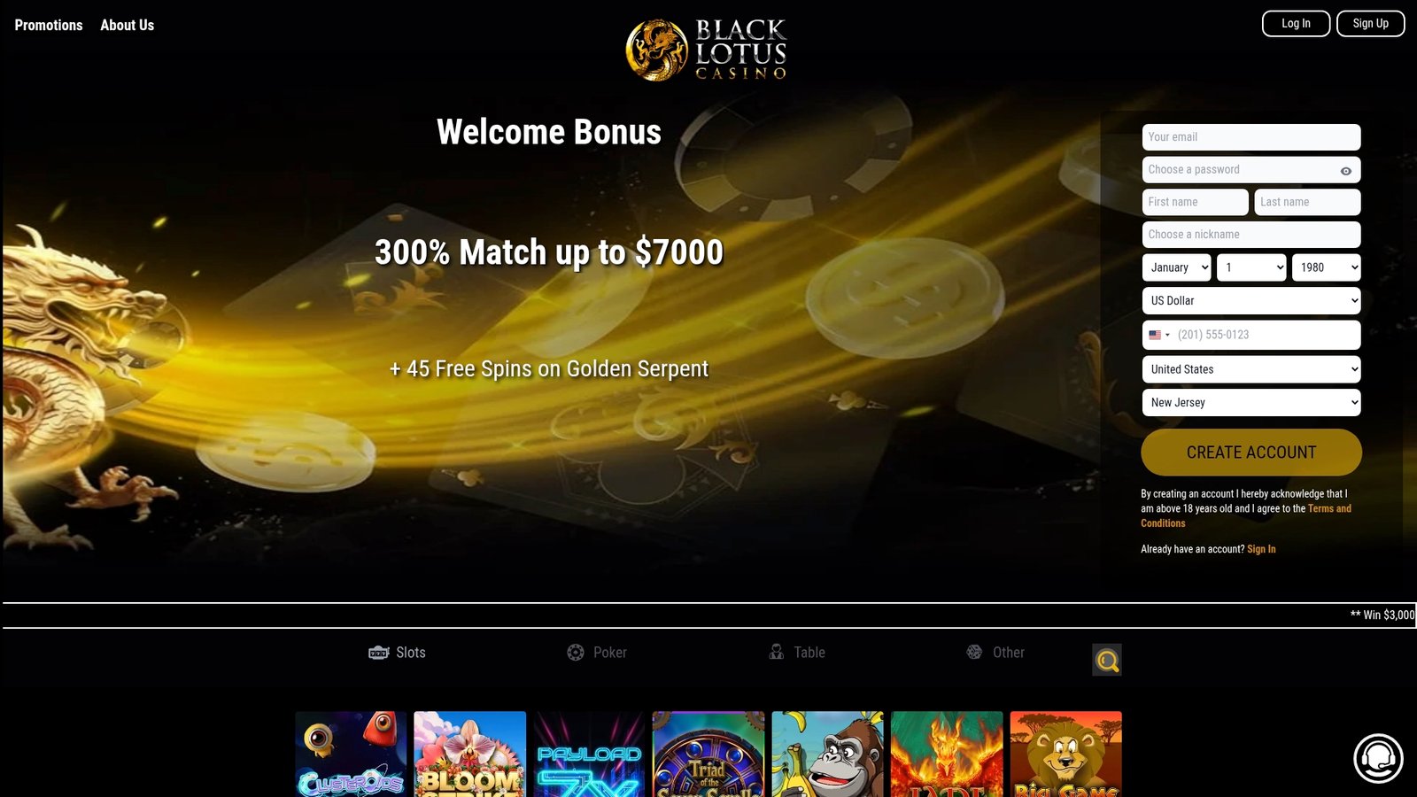 Official lobby screenshot of Black Lotus Casino