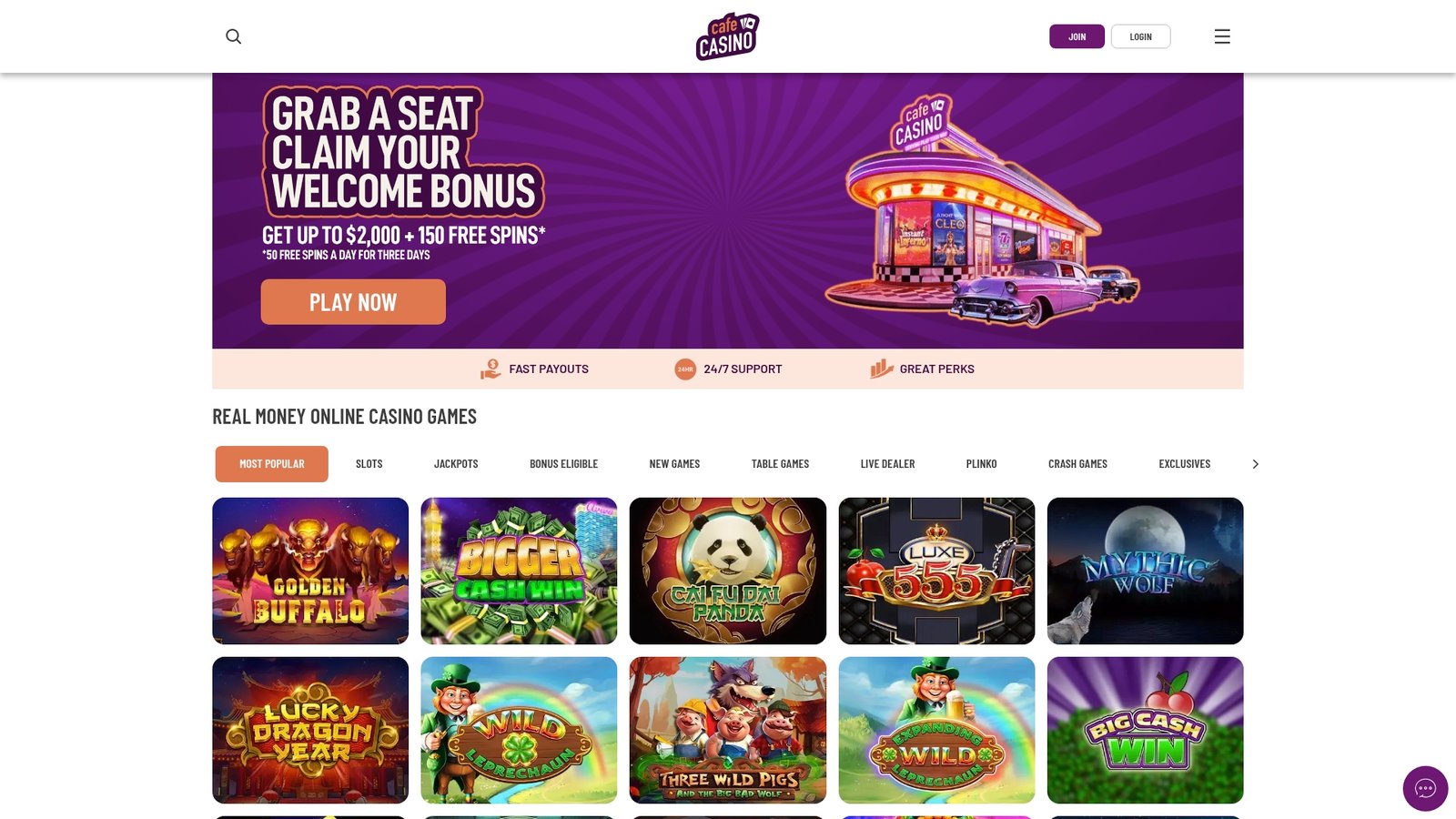 Official lobby screenshot of Cafe Casino