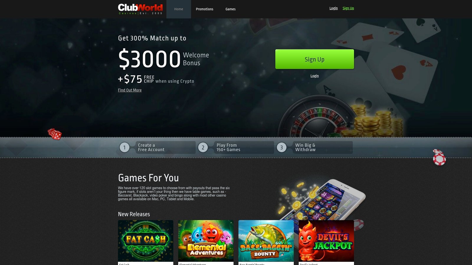 Official lobby screenshot of Club World Casinos