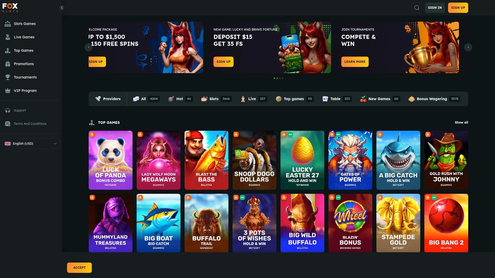 Official lobby screenshot of FoxSlots Casino