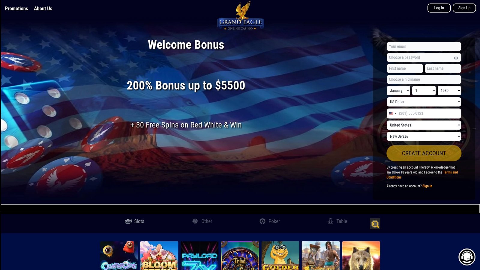 Official lobby screenshot of Grand Eagle Casino