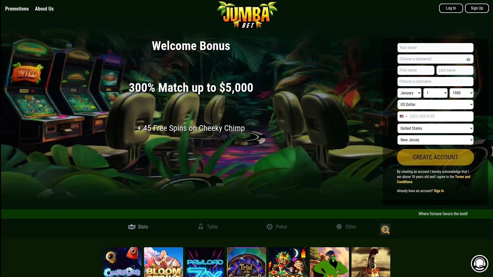 Official lobby screenshot of Jumba Bet Casino