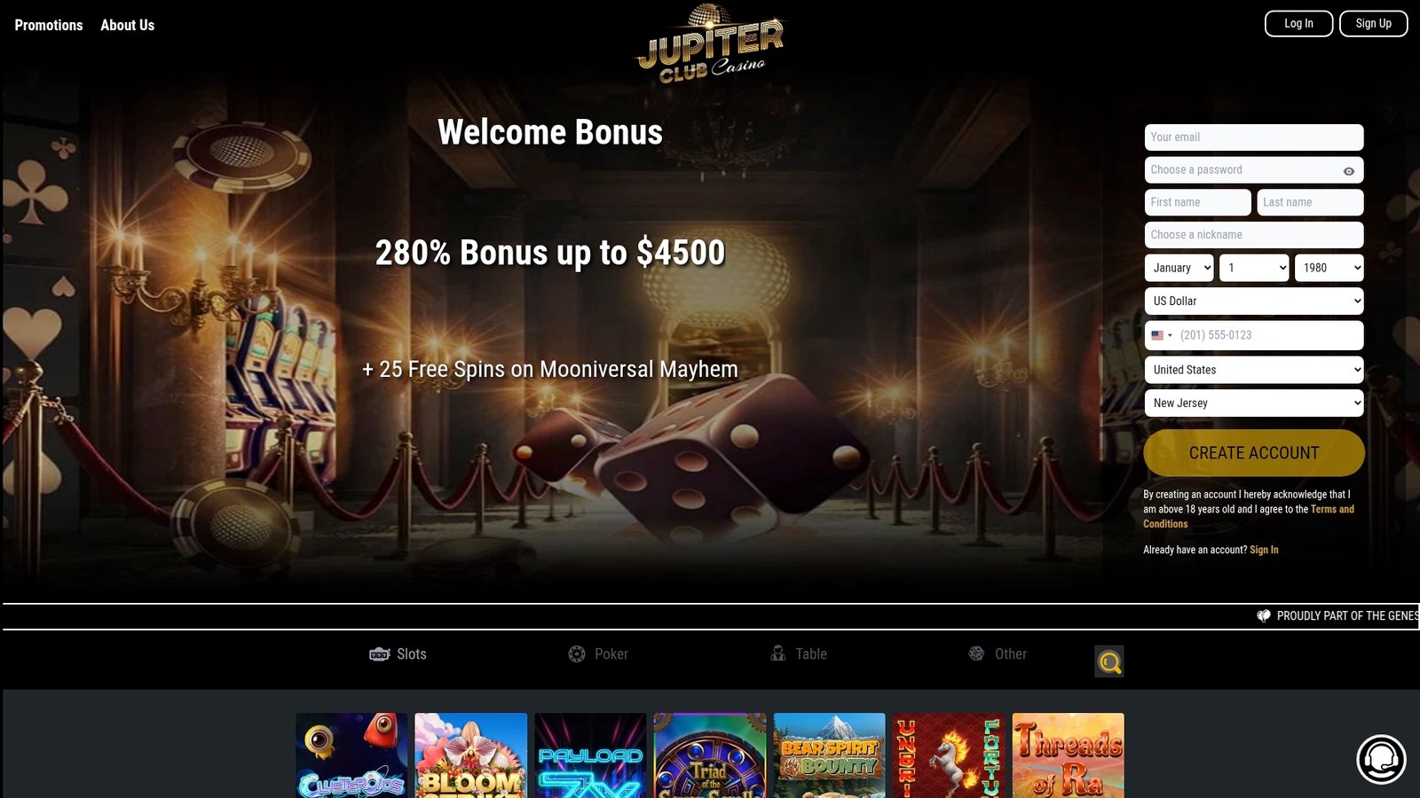 Official lobby screenshot of Jupiter Club Casino