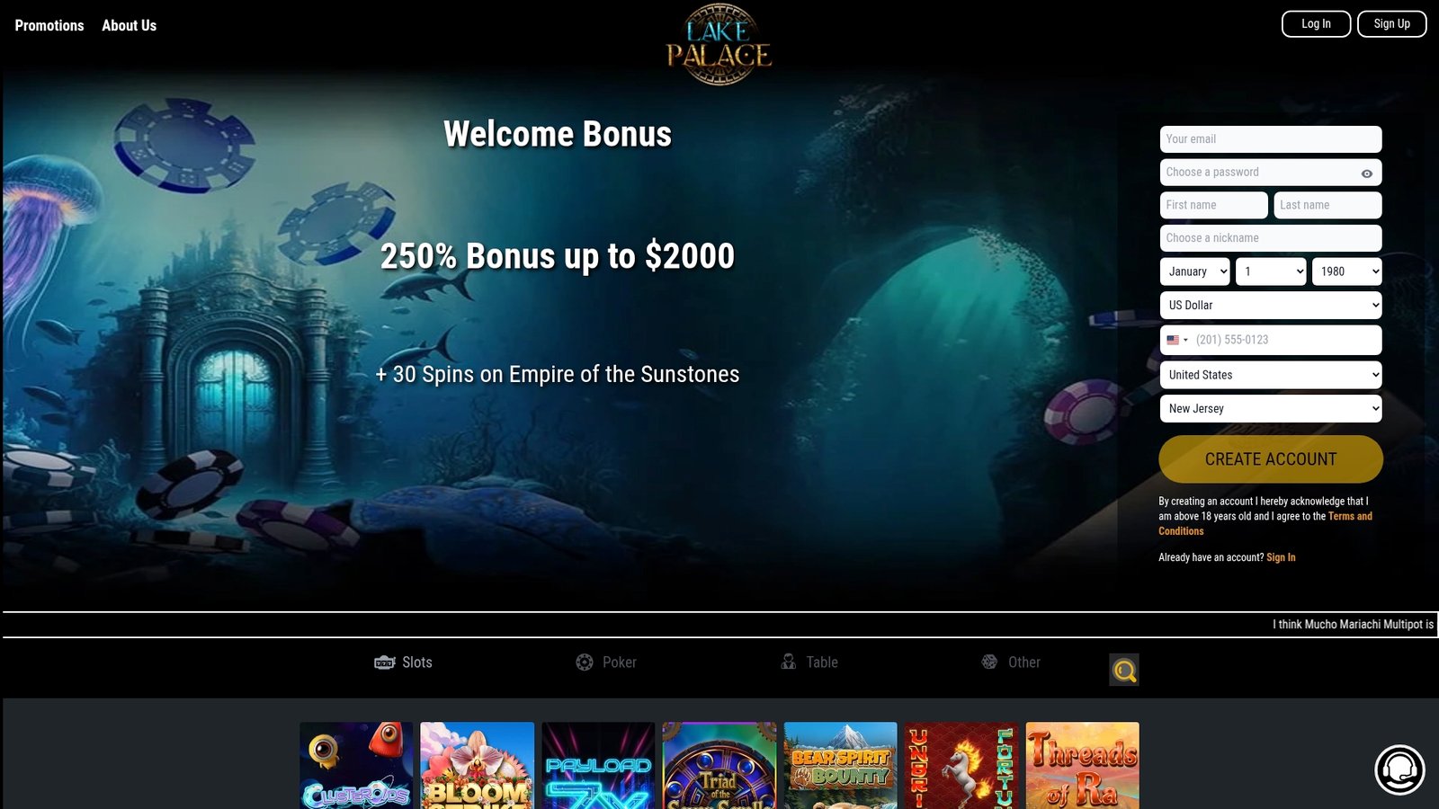 Official lobby screenshot of Lake Palace Casino