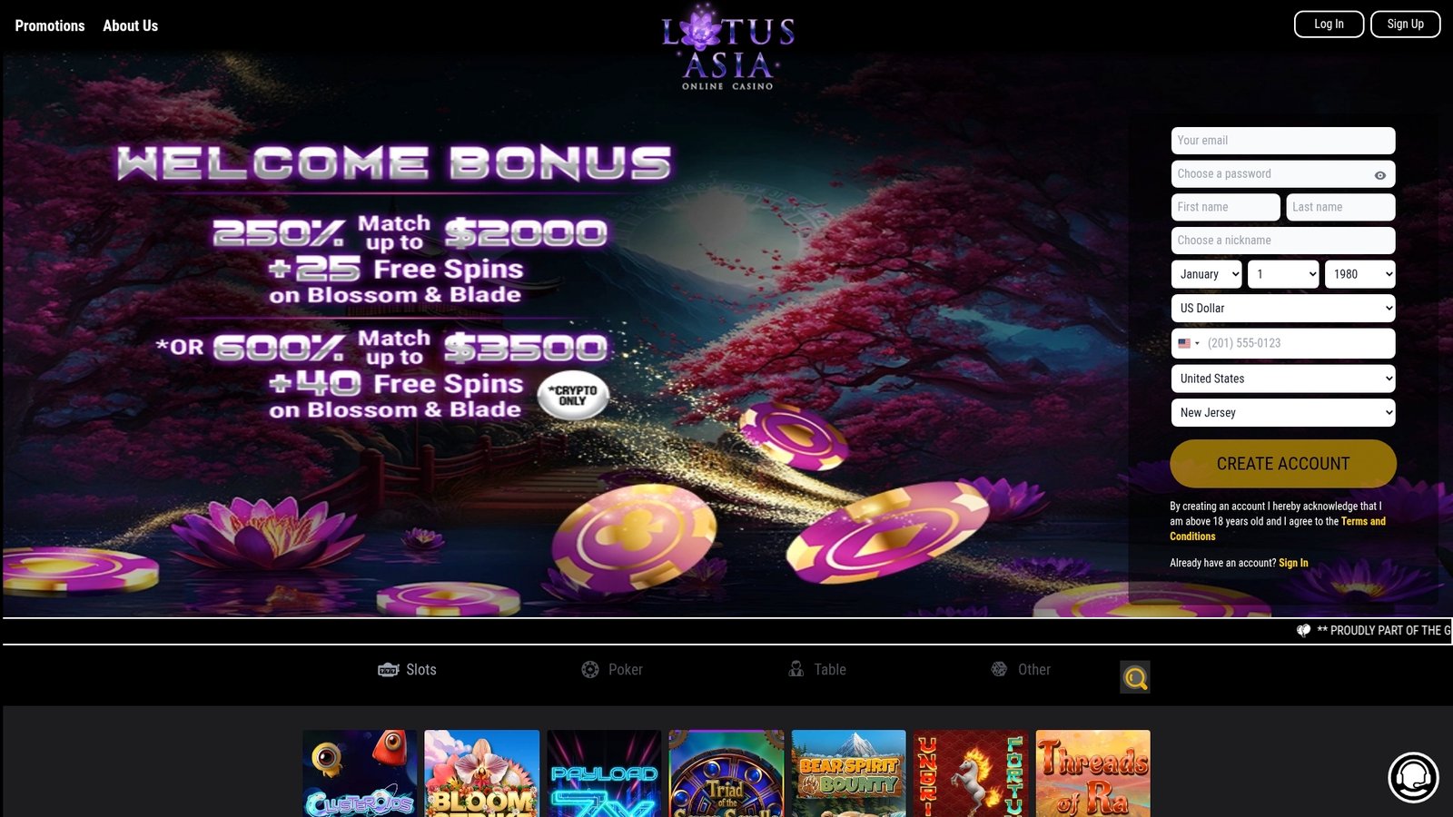 Official lobby screenshot of Lotus Asia Casino