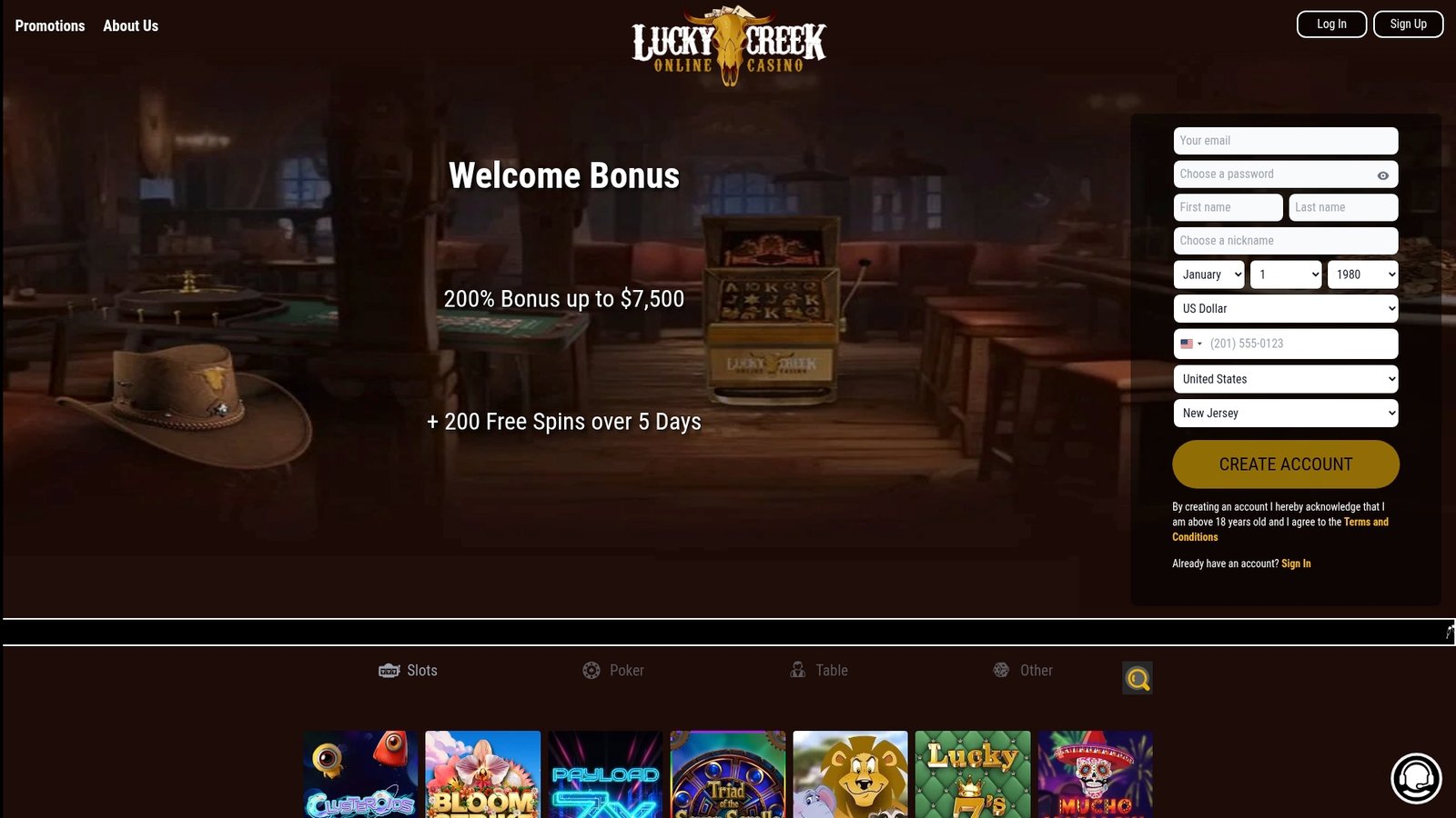 Official lobby screenshot of Lucky Creek Casino