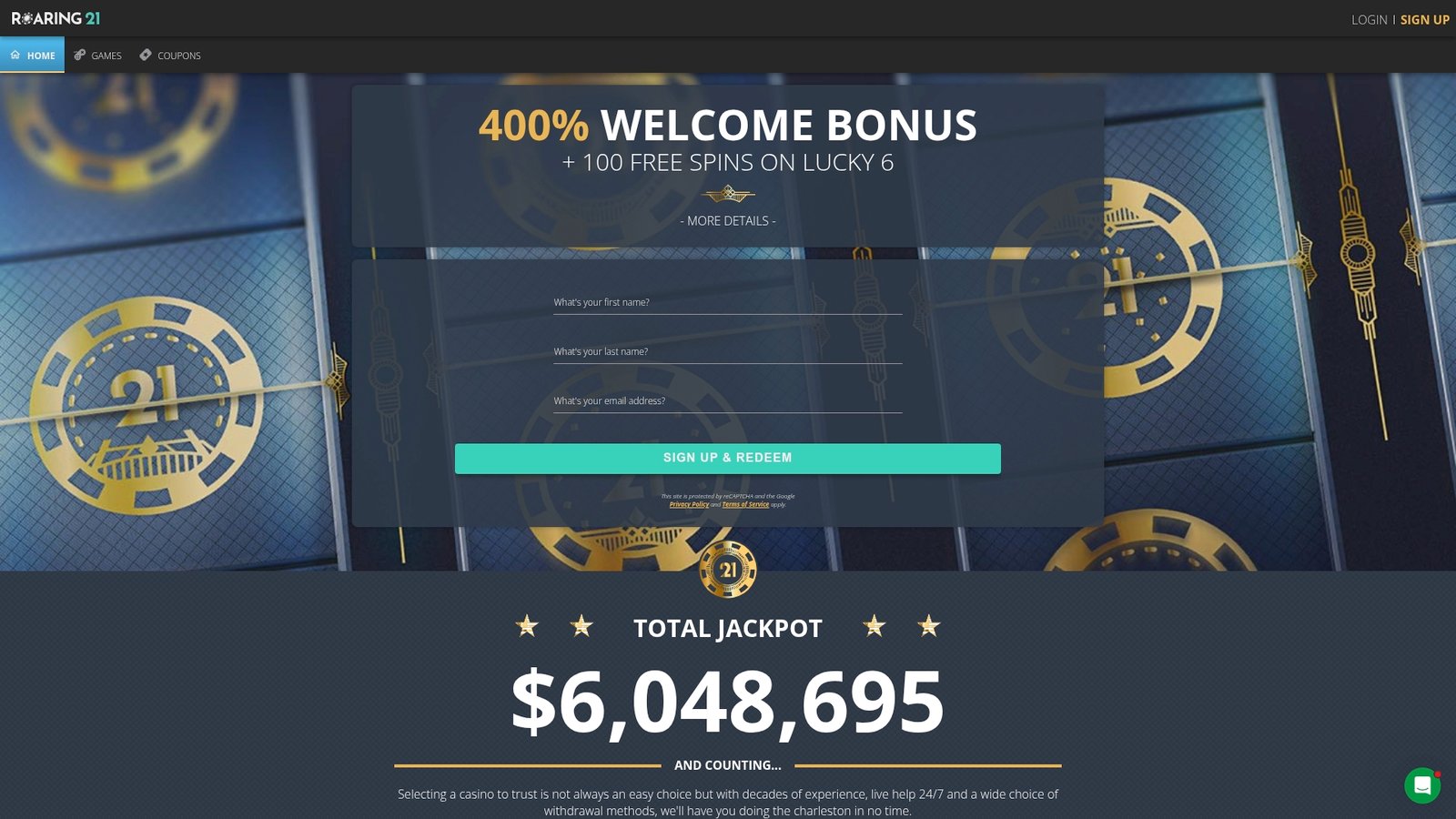 Official lobby screenshot of Roaring 21 Casino