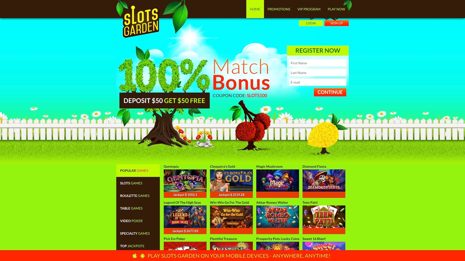 Official lobby screenshot of Slots Garden Casino