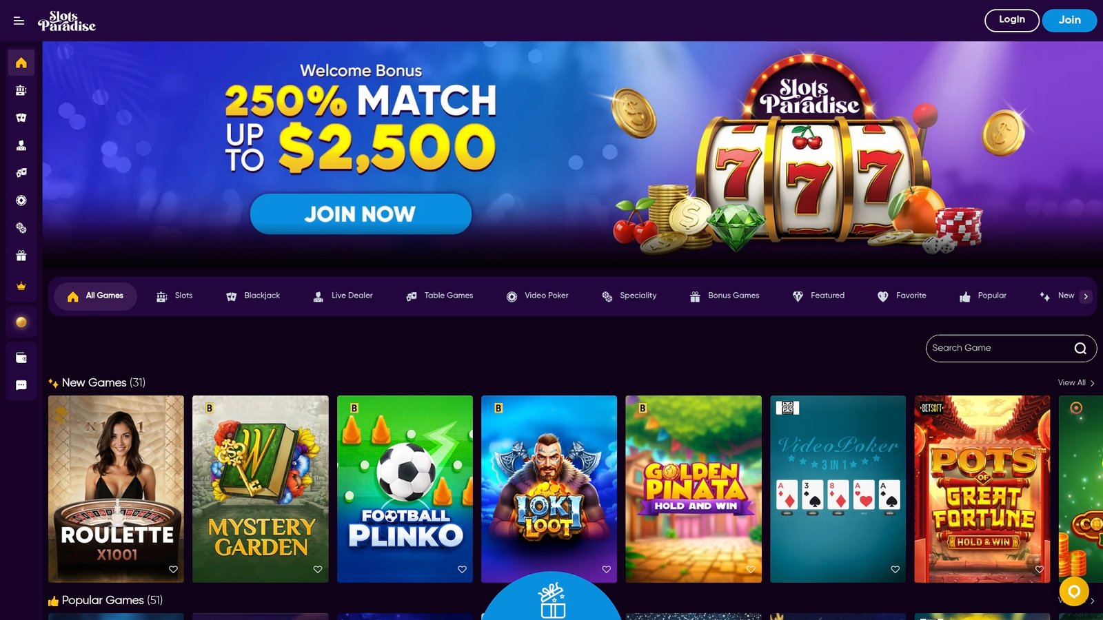 Official lobby screenshot of Slots Paradise Casino