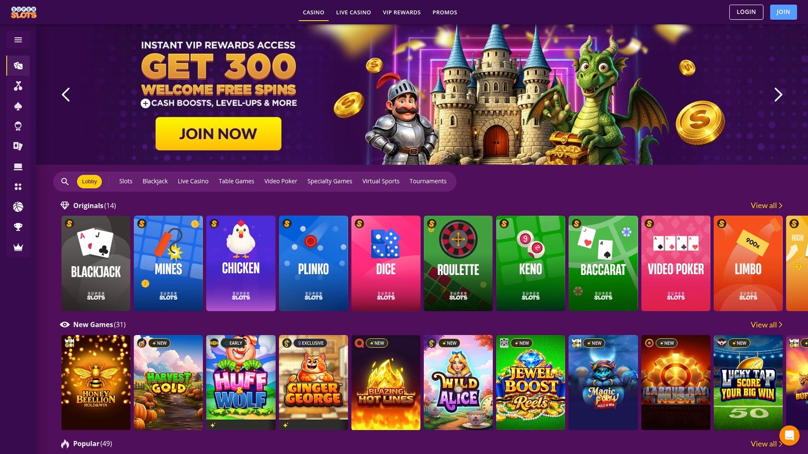 Official lobby screenshot of Super Slots Casino