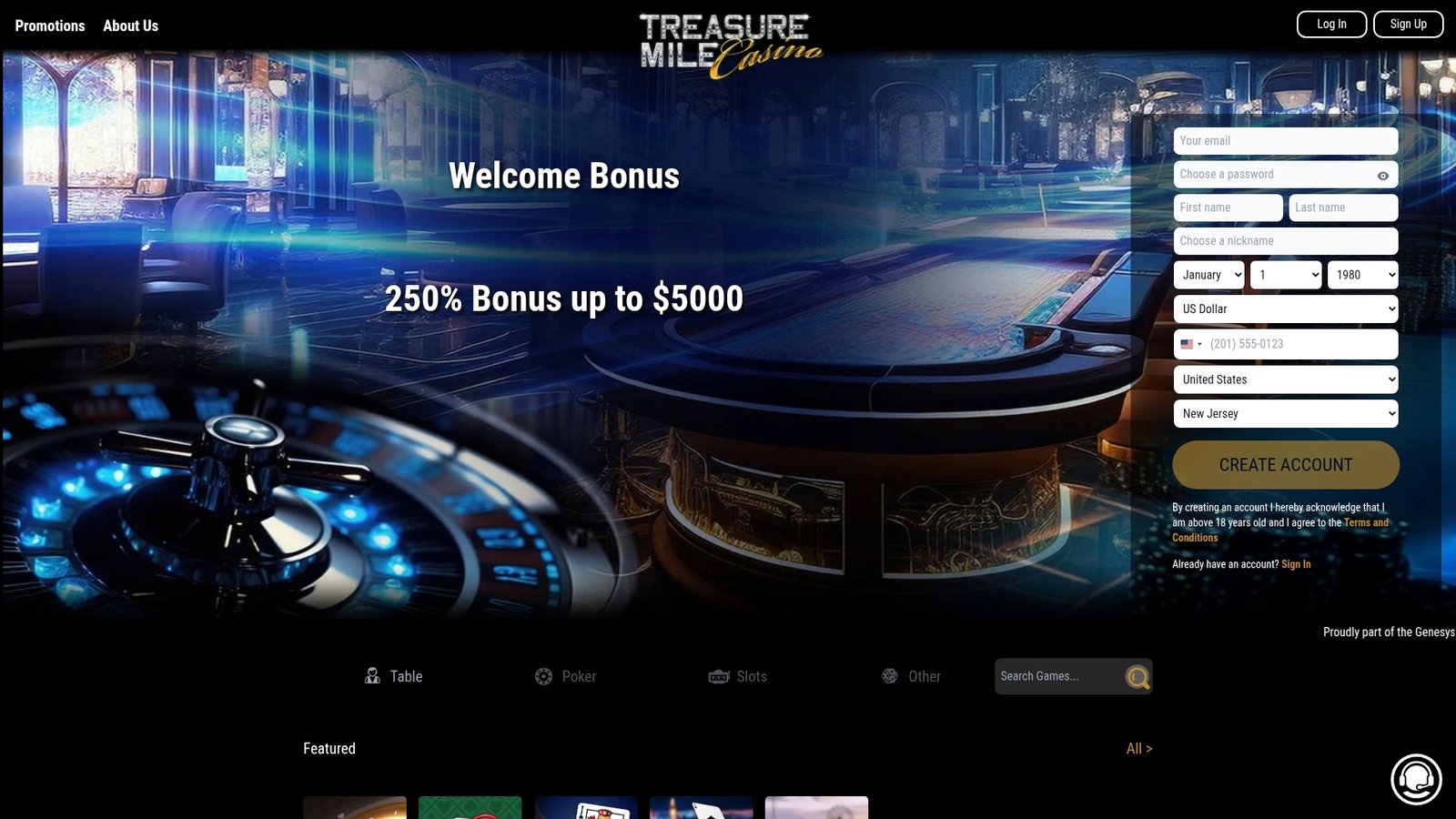 Official lobby screenshot of Treasure Mile Casino