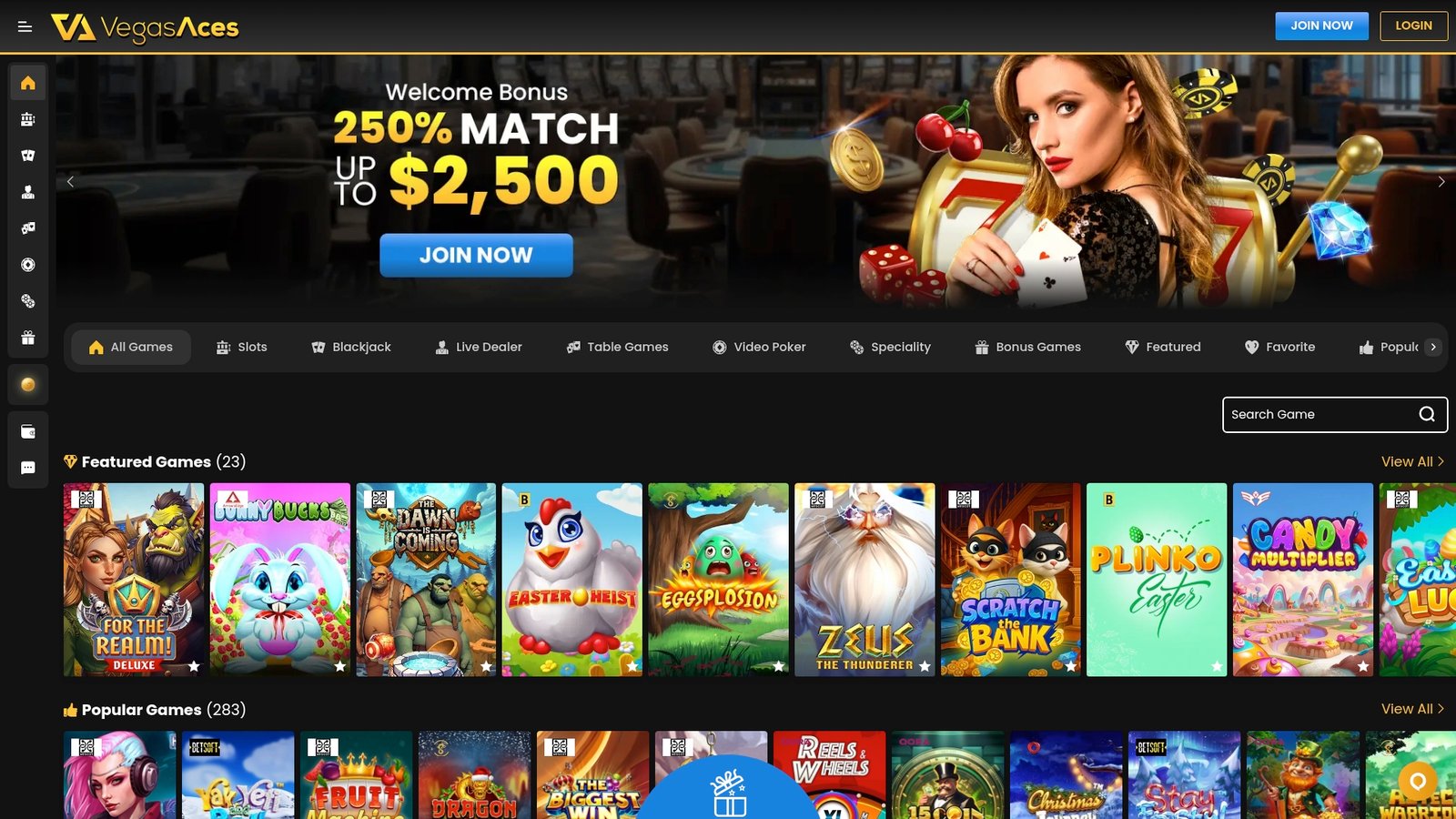 Official lobby screenshot of Vegas Aces Casino