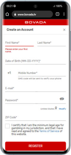 Bovada Signup Screen